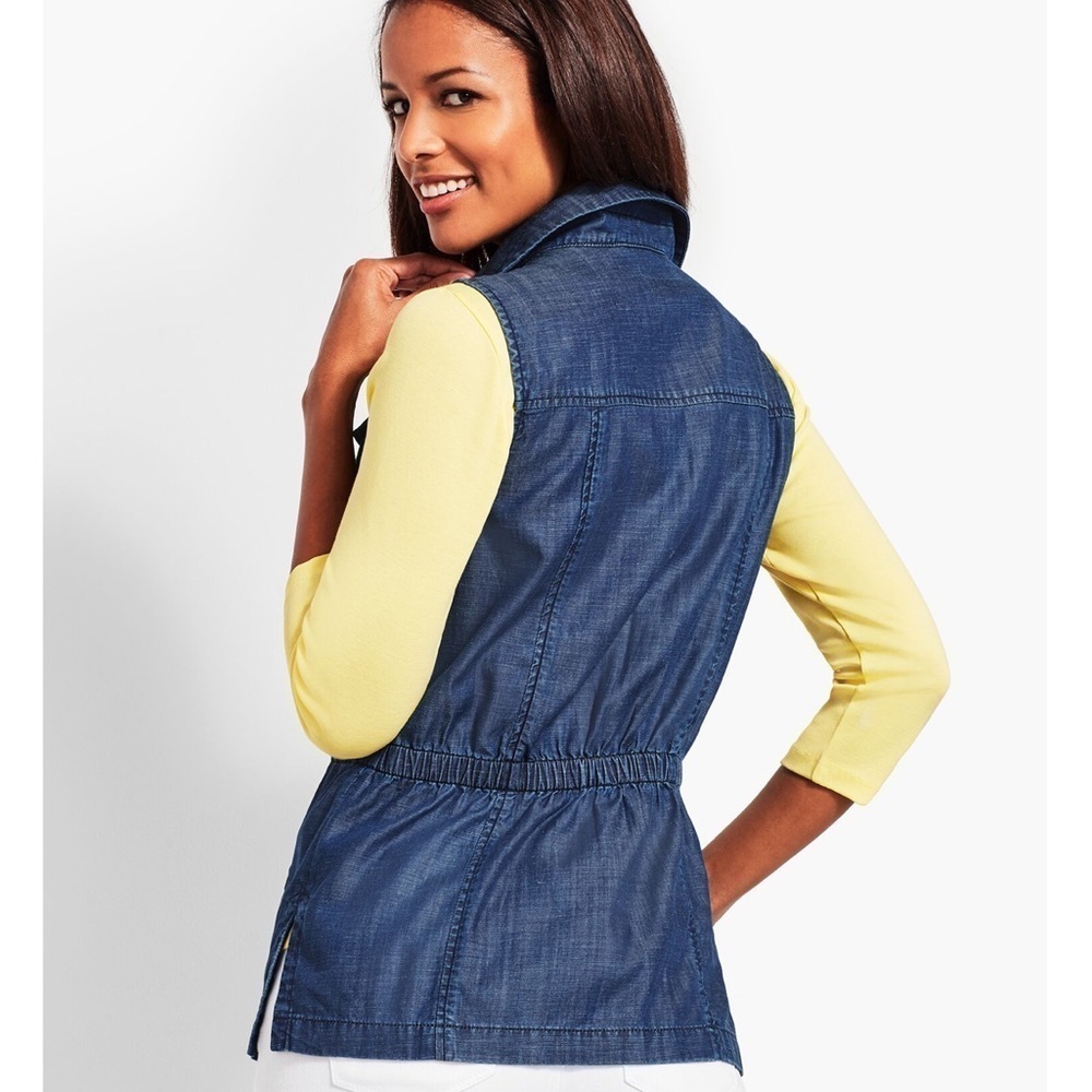 Talbots Blue Chambray Linen Blend Sleeveless Button Vest XS NWT Safari Pockets - Picture 3 of 10